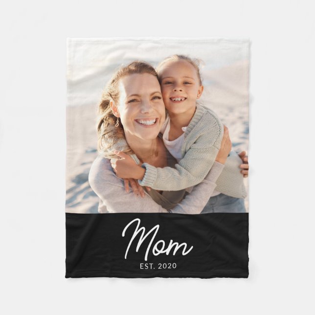 Mom Established Black Modern Script Photo Fleece Blanket (Front)