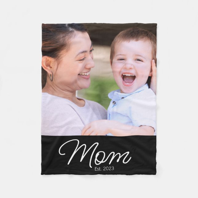 Mom Established Black Modern Script Photo Fleece Blanket (Front)