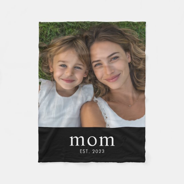 Mom Established Black Modern Script Photo Fleece Blanket (Front)