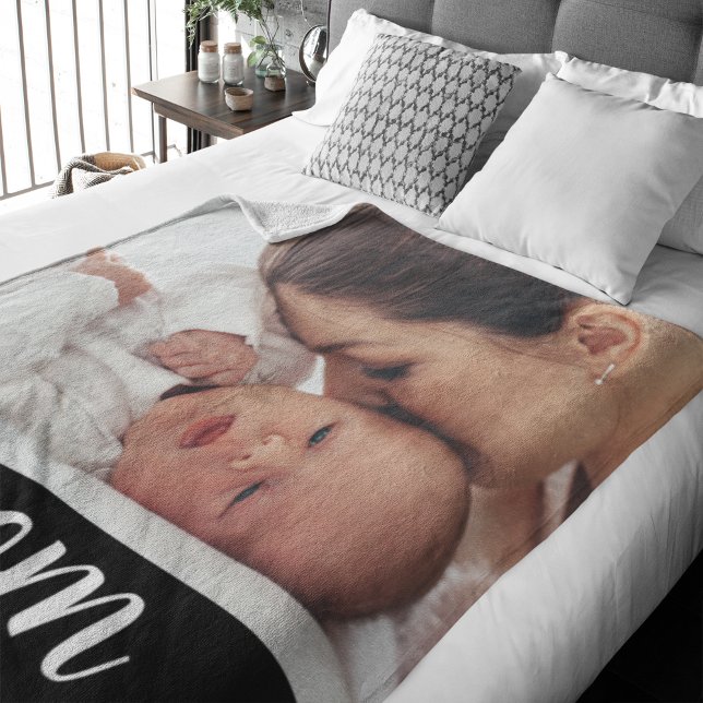 Mom Established Black Modern Script Photo Fleece Blanket (Creator Uploaded)
