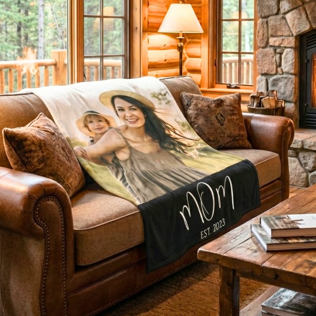 Mom Established Black Modern Script Photo Fleece Blanket (Creator Uploaded)