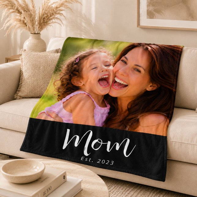 Mom Established Black Modern Script Photo Fleece Blanket (Creator Uploaded)