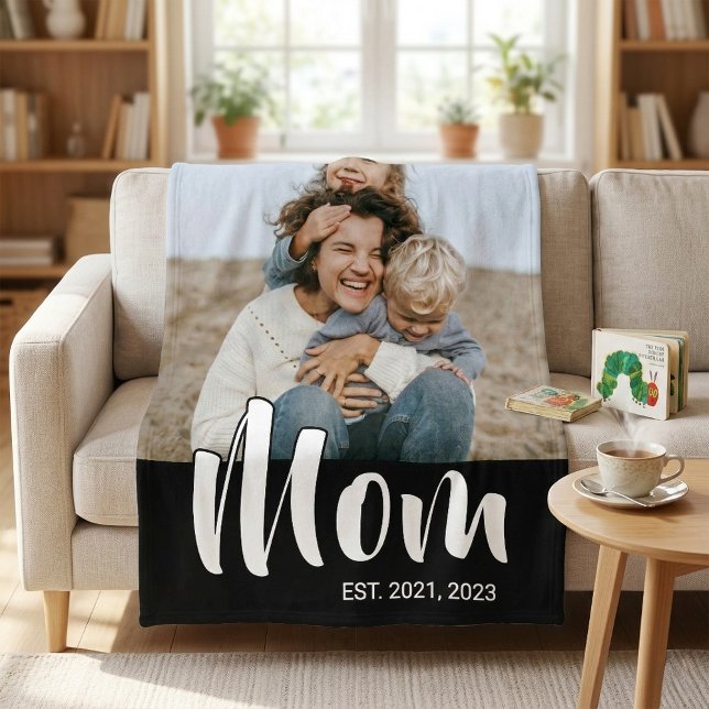 Mom Established Black Modern Script Photo Fleece Blanket (Mom Established Black Modern Script Photo Fleece Blanket)