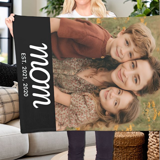 Mom Established Black Modern Script Photo Fleece Blanket (Creator Uploaded)