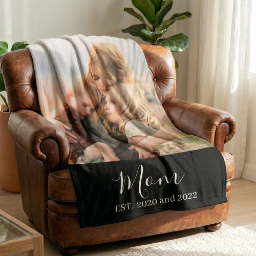 Mom Established Black Modern Script Photo  Fleece Blanket
