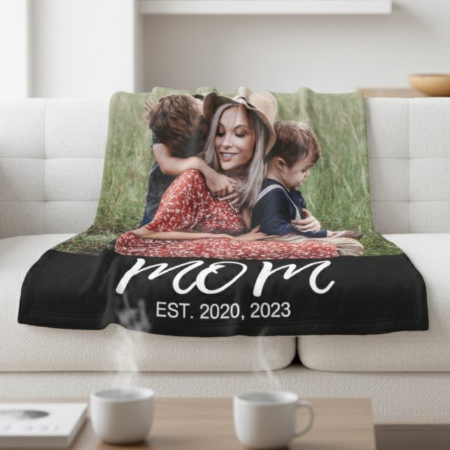 Mom Established Black Modern Script Photo Fleece Blanket (Creator Uploaded)