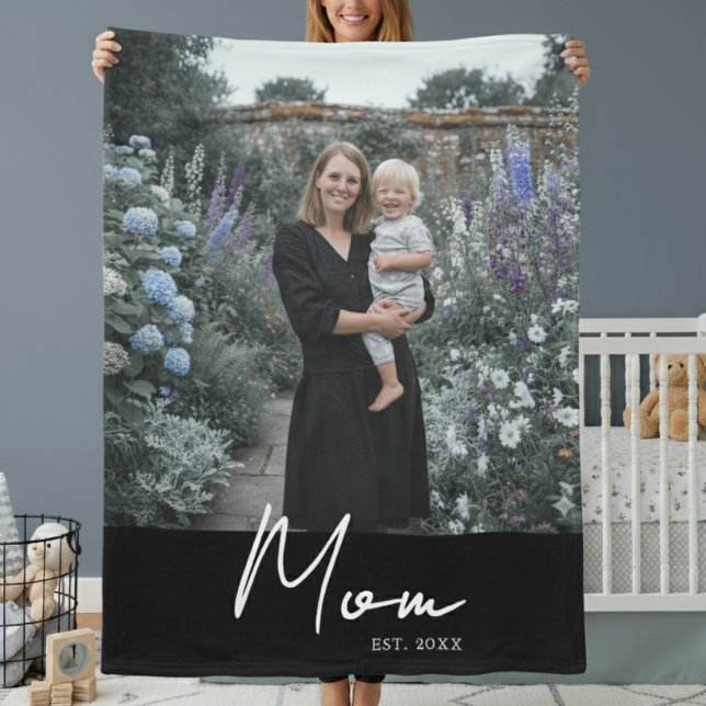 Mom Established Black Modern Script Photo Fleece Blanket (Creator Uploaded)