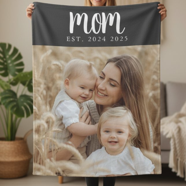 Mom Established Black Modern Script Photo Fleece Blanket (modern script font mom established date photo custom blanket for mothers day or christmas gift)