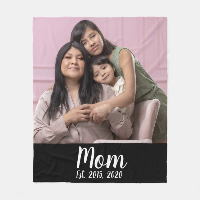 Mom Established Black Modern Script Photo Fleece Blanket (Front)