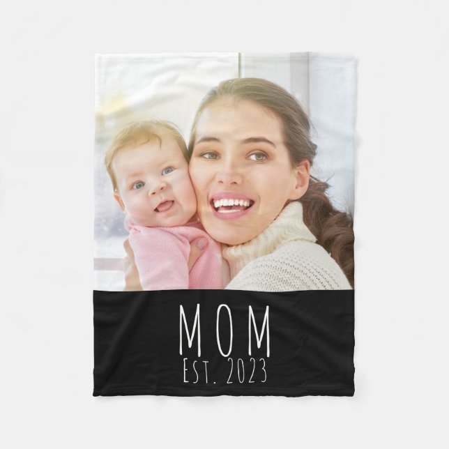Mom Established Black Modern Script Photo  Fleece Blanket (Front)