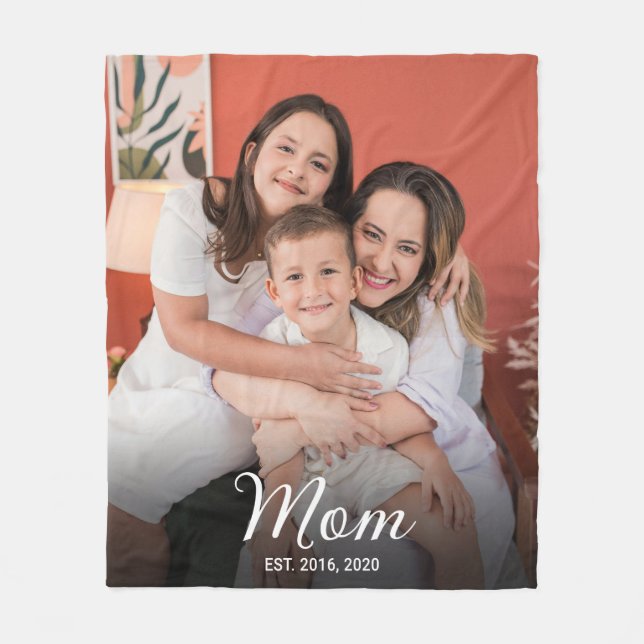 Mom Established Black Modern Script Photo Fleece Blanket (Front)