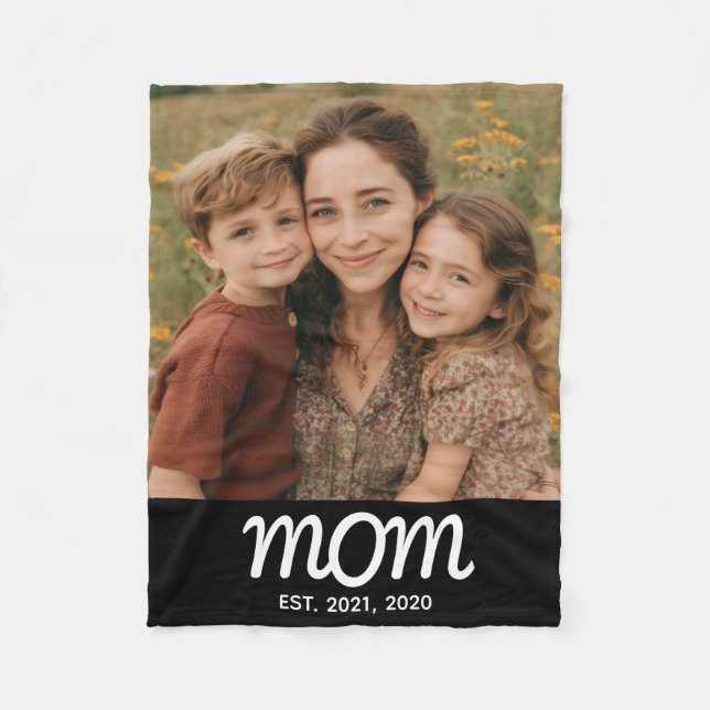Mom Established Black Modern Script Photo Fleece Blanket (Front)