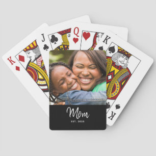 Mom Established Black Modern Script Photo  Poker Cards