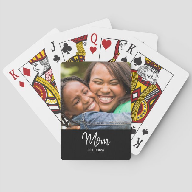 Mom Established Black Modern Script Photo  Poker Cards (Back)
