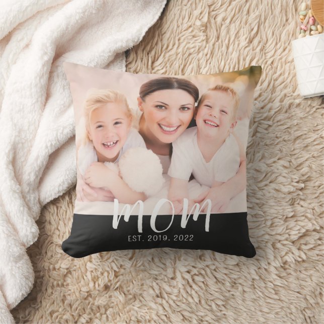 Mom Established Black Modern Script Photo Throw Pillow (Blanket)