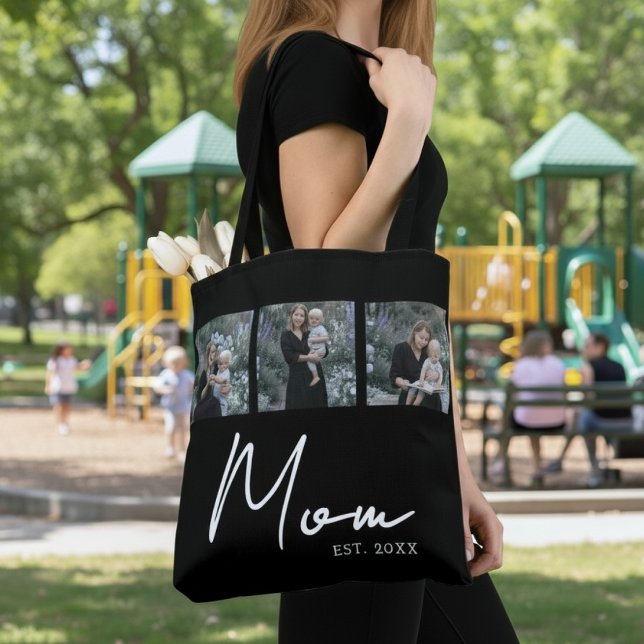 Mom Established Black Modern Script Photo Tote Bag (Creator Uploaded)