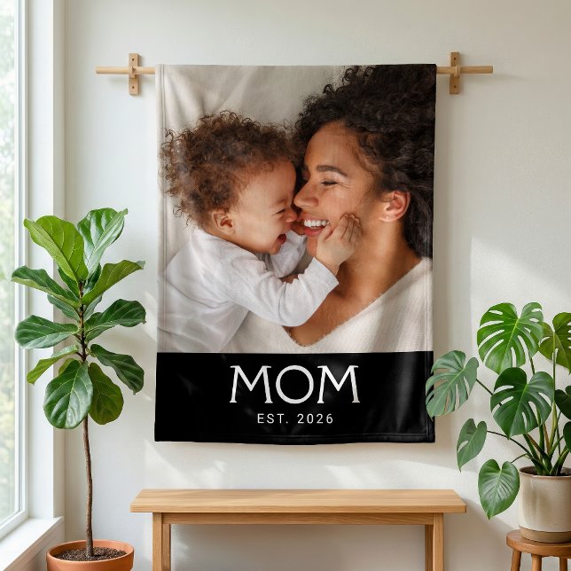 Mom Established Black Modern Typography Photo Fleece Blanket (Creator Uploaded)