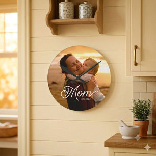Mom Established Black Modern White Script Photo Round Clock