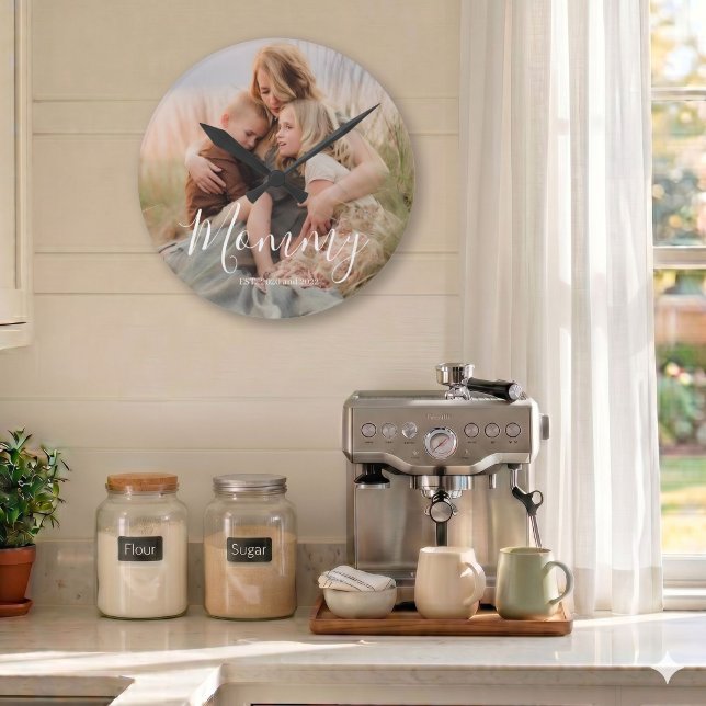 Mom Established Black Modern White Script Photo  Round Clock (Creator Uploaded)