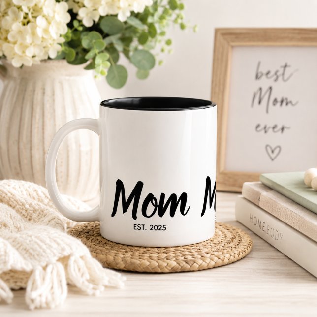  Mom Established Black Script Custom Year Two-Tone Coffee Mug (Add Year(s) to customize.  Please see the collection for other matching items.)