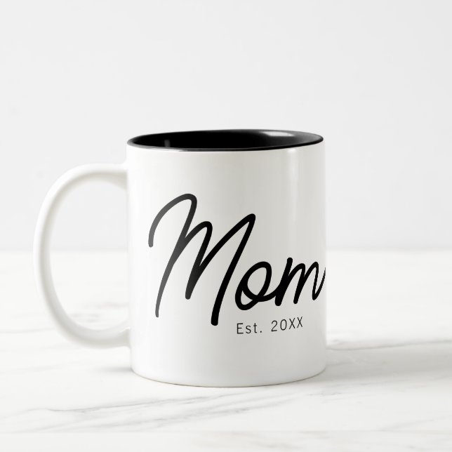 Mom Established Black Script Minimal Elegant Two-Tone Coffee Mug (Left)
