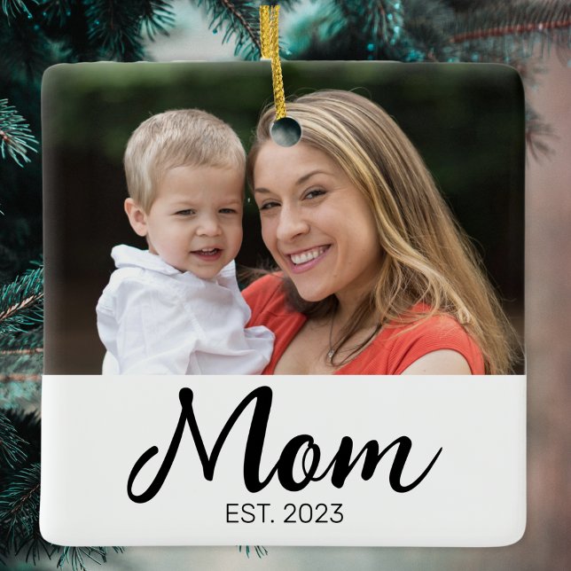 Mom Established Black Script Photo Ceramic Ornament (Creator Uploaded)
