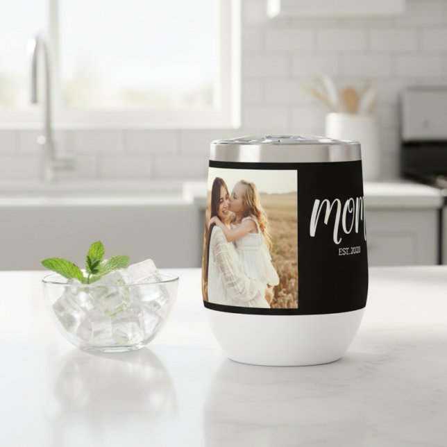 Mom Established Black Script Photo Thermal Wine Tumbler (Creator Uploaded)