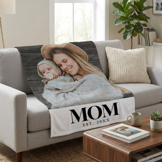 Mom Established Black Typography Photo Gift Fleece Blanket