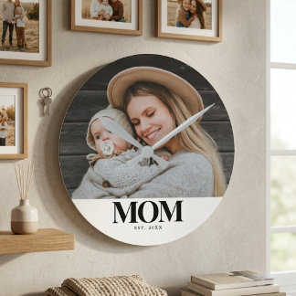 Mom Established Black Typography Photo Gift Round Clock