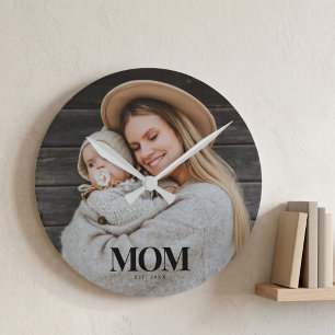 Mom Established Black Typography Photo Gift Round Clock