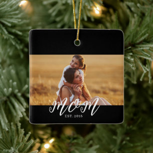 Mom Established Black White Script Photo Ceramic Ornament