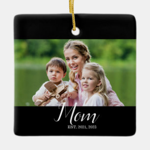 Mom Established Black White Script Photo Ceramic Ornament