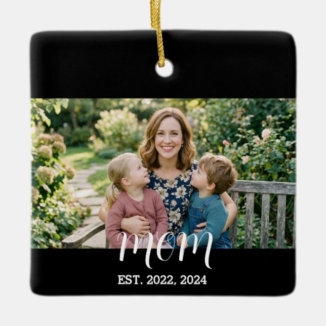 Mom Established Black White Script Photo Ceramic Ornament (Front)