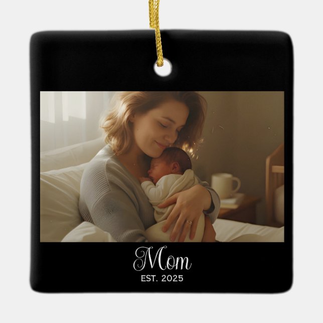Mom Established Black White Script Photo Ceramic Ornament (Front)