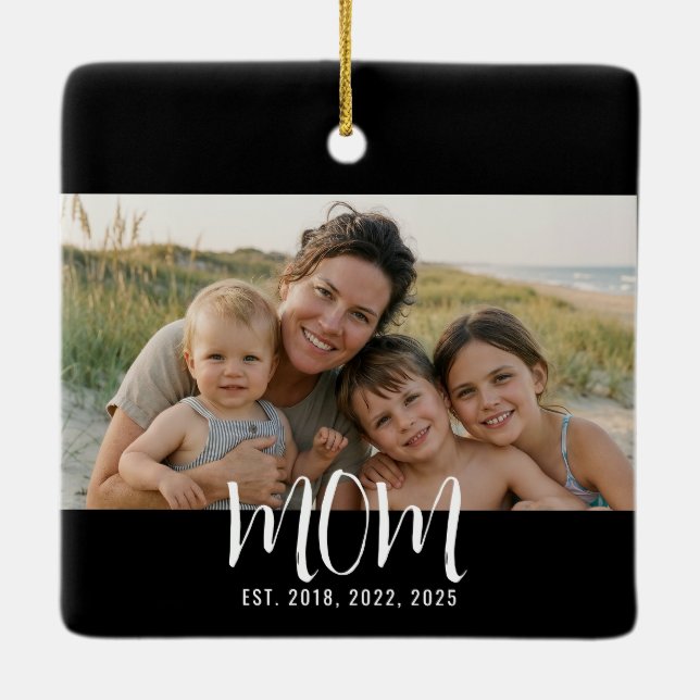 Mom Established Black White Script Photo Ceramic Ornament (Back)