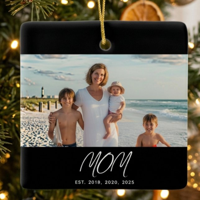 Mom Established Black White Script Photo Ceramic Ornament (Creator Uploaded)