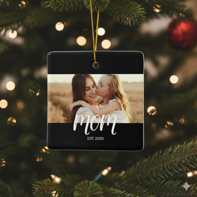 Mom Established Black White Script Photo  Ceramic Ornament (Creator Uploaded)