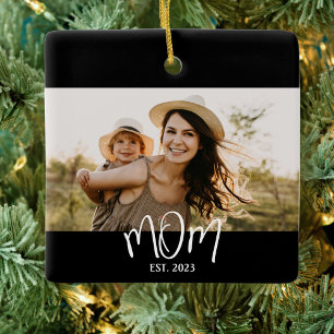 Mom Established Black White Script Photo Ceramic Ornament