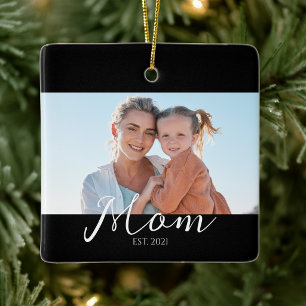 Mom Established Black White Script Photo Ceramic Ornament