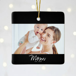 Mom Established Black White Script Photo Ceramic Ornament