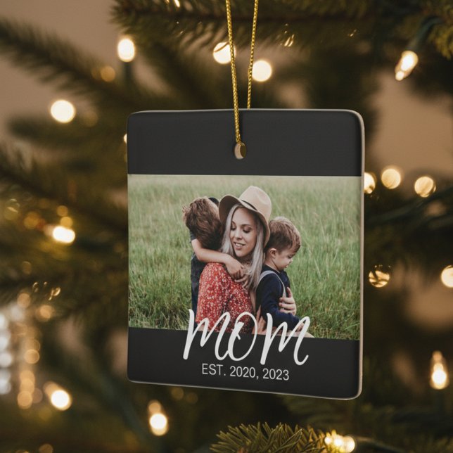 Mom Established Black White Script Photo Ceramic Ornament (Creator Uploaded)