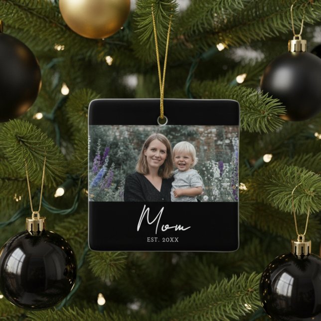 Mom Established Black White Script Photo Ceramic Ornament (Creator Uploaded)