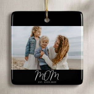 Mom Established Black White Script Photo Ceramic  Ornament