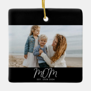 Mom Established Black White Script Photo Ceramic Ornament