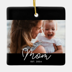 Mom Established Black White Script Photo Ceramic Ornament
