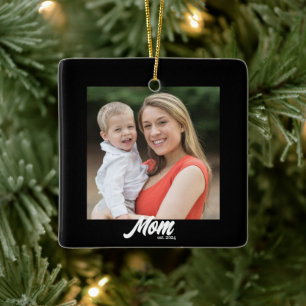 Mom Established Black White Script Photo Ceramic Ornament