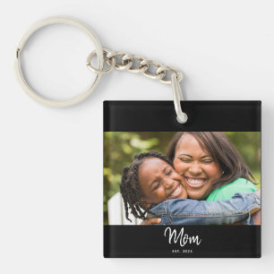 Mom Established Black White Script Photo Keychain