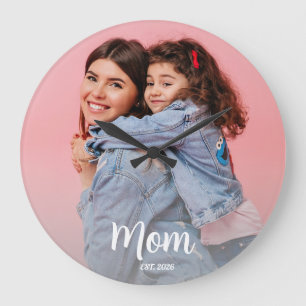 Mom Established Black White Script Photo Large Clock