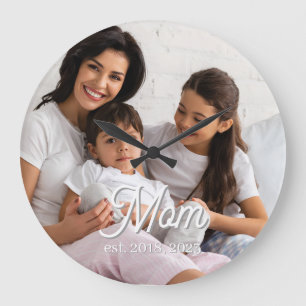 Mom Established Black White Script Photo Large Clock