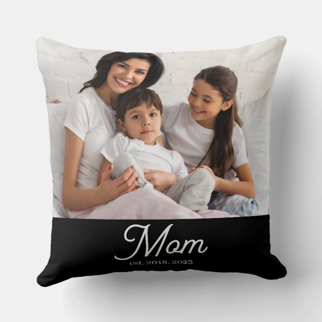 Mom Established Black White Script Photo Throw Pillow (Back)